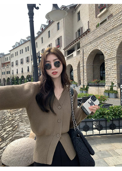 Zjaiss 2025 Autumn Winter Elegance Solid Color V-neck Sweater Knitted Casual Cardigan Unique And Niche Slim Fit Tops