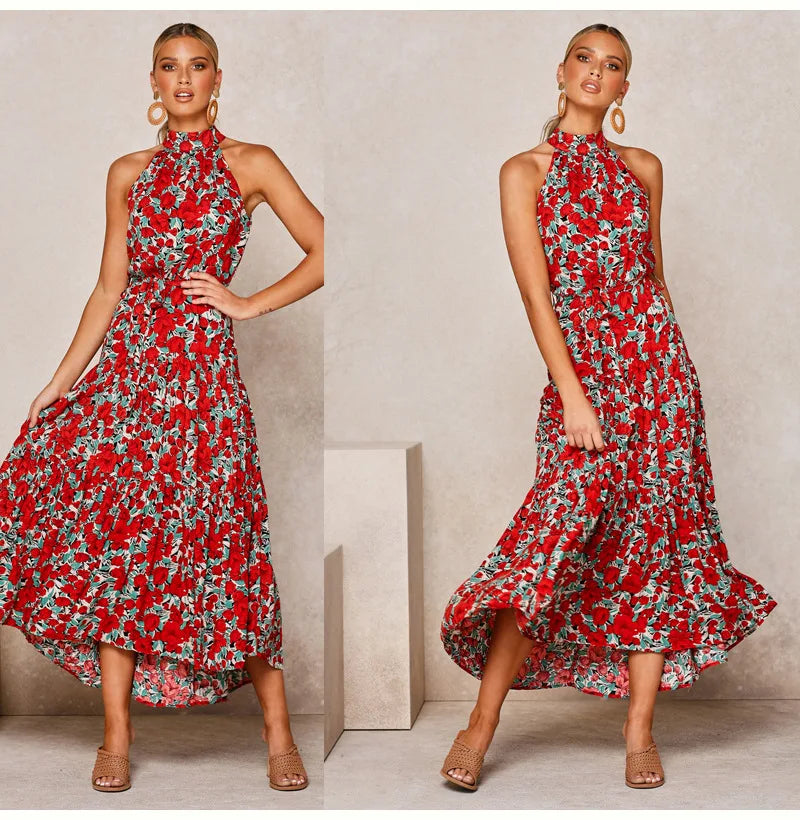 Summer Floral Print Halter Neck Dresses For Women Sleeveless Leace-up Long Dress Casual Beach Holiday Vestidos Female Clothing