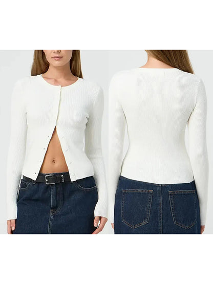 Women's Ribbed Cardigan Tops Spring Fall Solid Color Long Sleeve Round Neck Button Up Cropped Sweaters Female Casual Pullovers