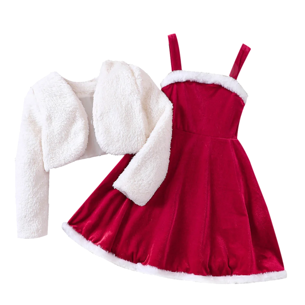 2026 New Year Dress For Girls Autumn And Winter Plush Jacket & Suspender Suits Elegant Dress Carnival Party Christmas Dresses