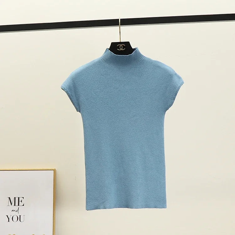 Sleeveless Mock Neck Knit Top for Women Stretchy Rib-knit Pullovers Sweater Layered Tops Female Spring Summer Basic Outfit