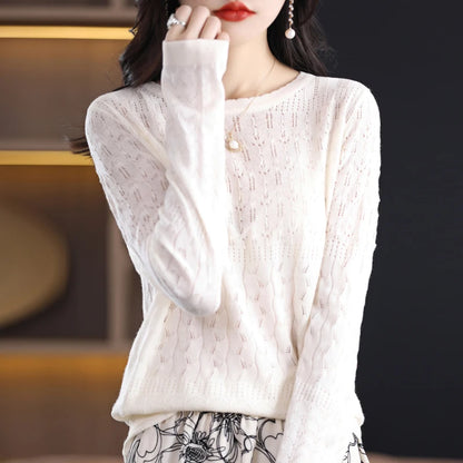 Worsted Wool Sweater Women's Spring 2023 New Western-Style Solid Color Round Neck Top With Long Sleeve Bottom Hollowed-Out Thin