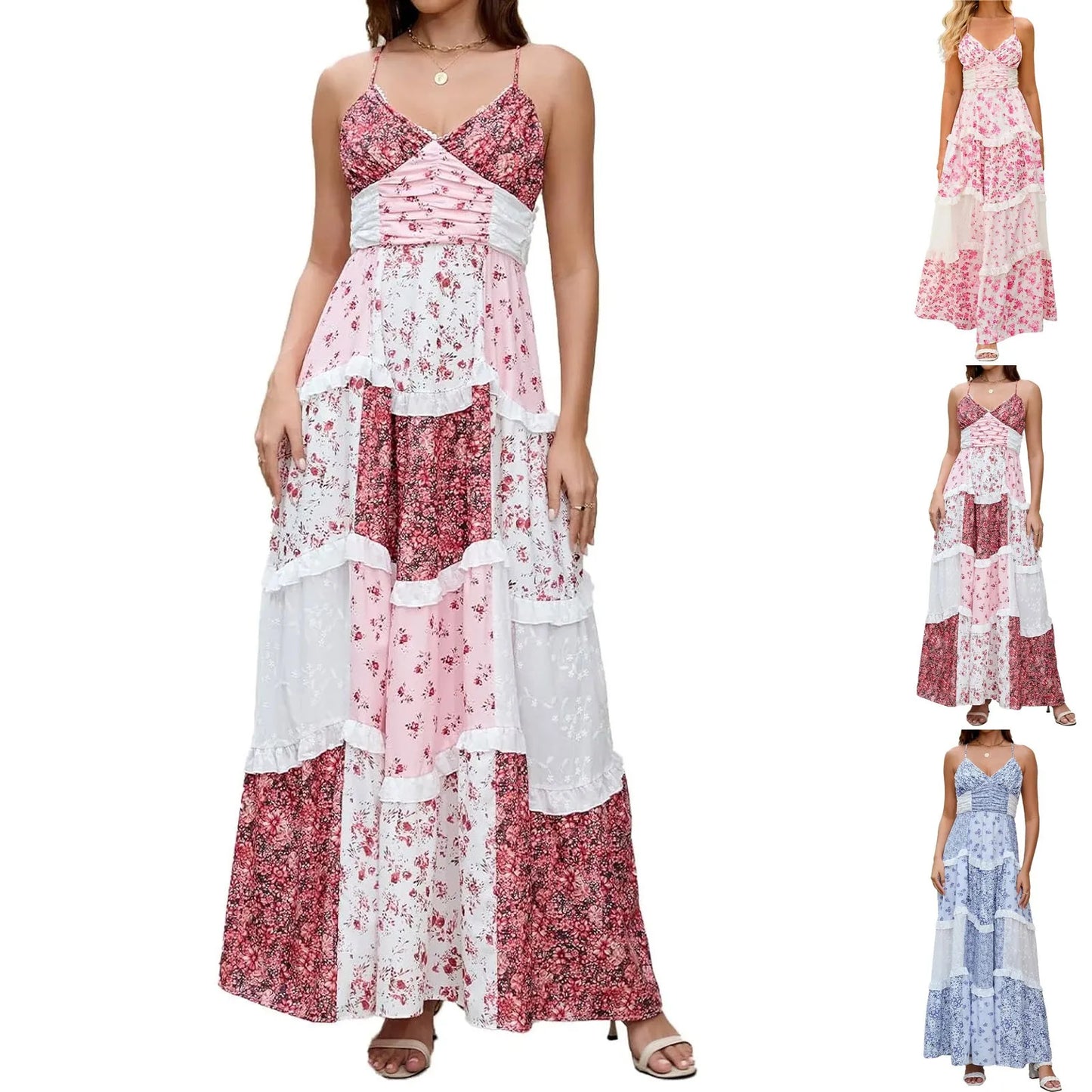 Women'S Spring/Summer Casual V-Neck Floral Printed Beach Midi Dresses Vestido Mujer Summer Dress Robe Femmes Dress Women
