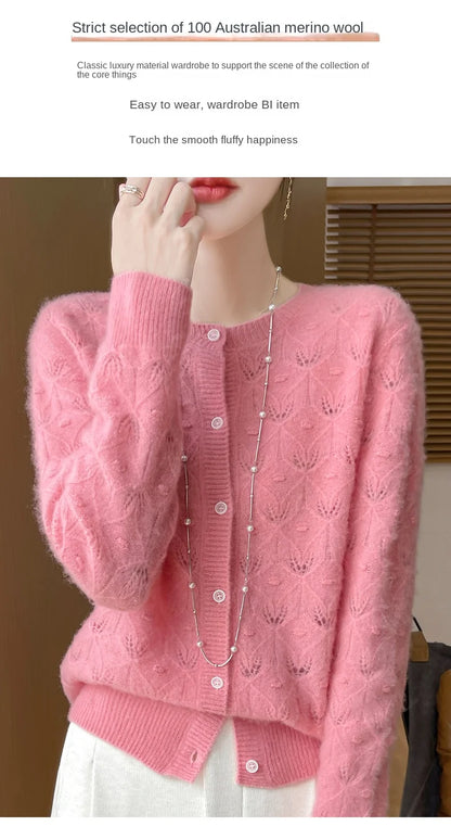 2024 Autumn And Winter New Round Neck Hollowed Out 100 Wool Knitted Cardigan Women's Versatile Coat Loose Casual Sweater DMR281