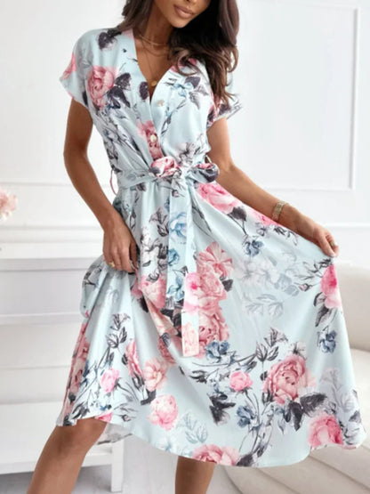 Summer Women's Fashion Flower Print Short Sleeved Dress Elegant V-neck Button Belt Leisure Vacation Dress