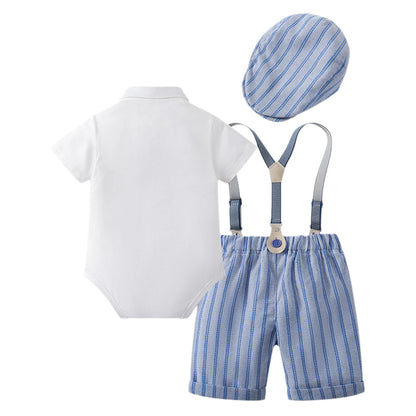 Baby Boys Summer Short Sleeve Lapel Bow Tie Romper with Suspender Shorts Beret Christening Birthday Wedding Party Gentlemen Suit