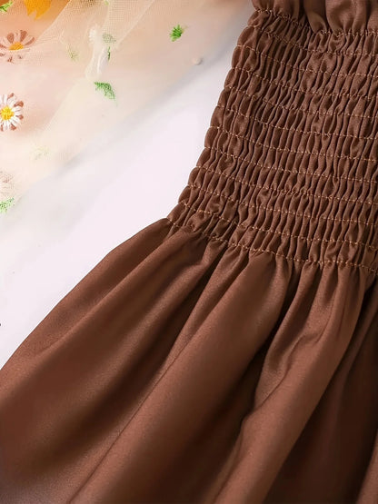 Summer style dress for girls aged 1-8, with suspender straps, pleated sunflower print, rustic style, for baby girls