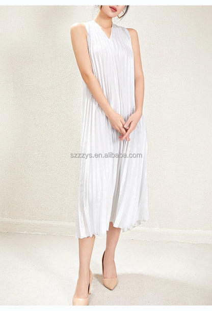 Summer Dress for Women Front and Back V-neck Solid Color Sleeveless Miyake Pleated Loose Casual Fashion Elegant Dress