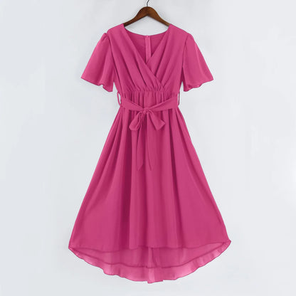 Women Summer Thin Dress Daily Casual Fashion Wrinkles V-Neck Waist Cinching A-Line Zipper Dress Lightweight Comfy Vacation Dress