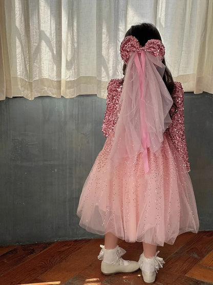 Winter Baby Girls Sequin Work Fleece Lined 4-Layer Mesh Zip Back Dresses with Head Veil Kids Outfit Children Sweet Skirt 2-8 Yr