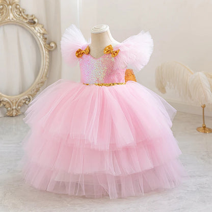 Girl's Flutter Sleeve Bow Princess Dress Wedding Flower Girl Dress Girl's Birthday Party Piano Host Masquerade Performance Costume
