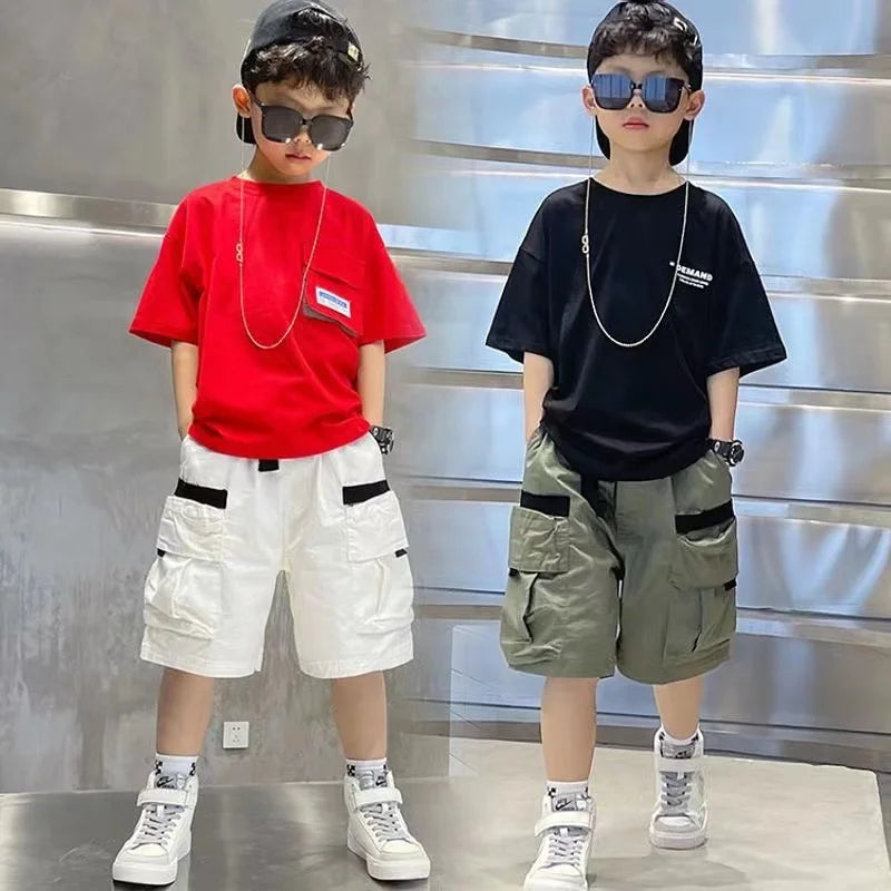 Boys Summer Set 2024 New Western Style Summer Children's Korean Loose Short Sleeved Workwear Two Piece Set Trendy