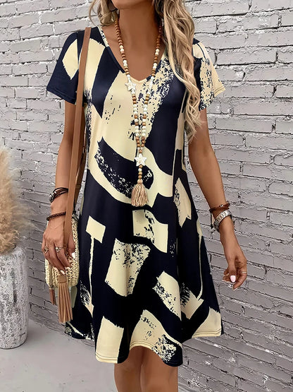 Women's Summer Abstract Print Dress, V - Neck Short Sleeve, Ideal Vacation Outfits Women, Flowy Dress Summer, Must - Have Summer
