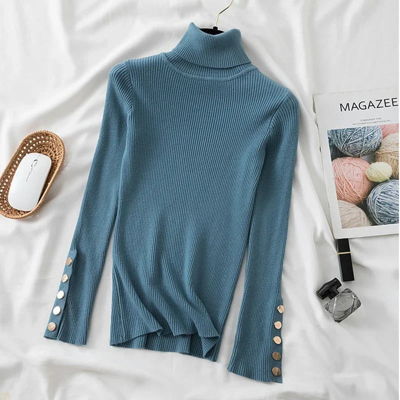 2025 Knitted Turtleneck Women Sweater Button Long Sleeve Pullovers Autumn Winter Basic Femme Sweaters Slim Solid Pull Tops