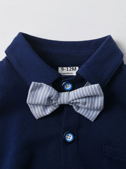 Baby Boys Summer Short Sleeve Lapel Bow Tie Romper with Suspender Shorts Beret Christening Birthday Wedding Party Gentlemen Suit