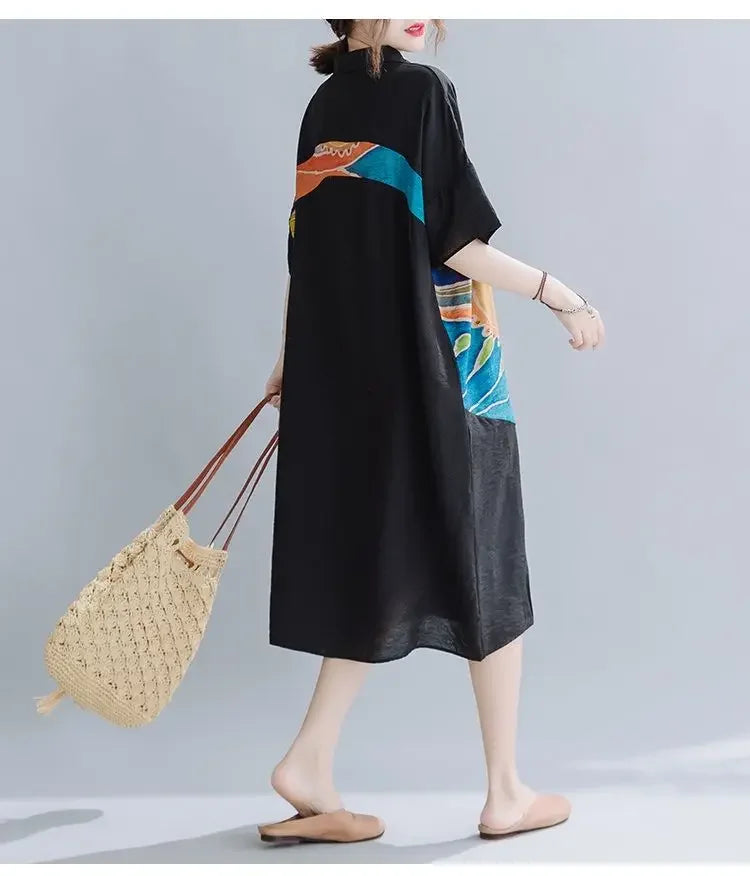 Women Summer Clothing 2025 New Style Literary Splicing Loose Printed Button Splicing Shirt Dress