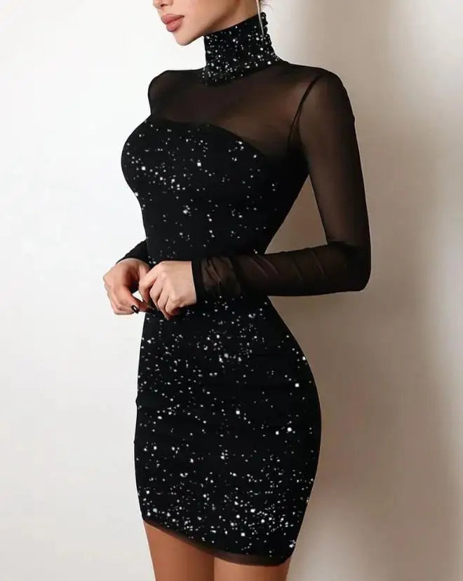 Women's Dresses 2022 Summer Fashion Sexy Off Shoulder Contrast Lace Glitter Plain Skinny Party Mini Long Sleeve Dress