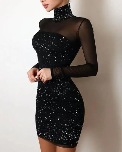 Women's Dresses 2022 Summer Fashion Sexy Off Shoulder Contrast Lace Glitter Plain Skinny Party Mini Long Sleeve Dress