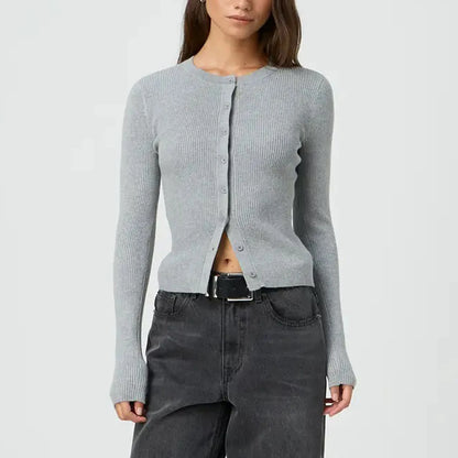 Women's Ribbed Cardigan Tops Spring Fall Solid Color Long Sleeve Round Neck Button Up Cropped Sweaters Female Casual Pullovers