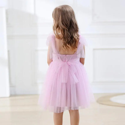 Flower Girl Dresses Pink Tulle Puffy With Bow Sleeveless Toddler Girls Baptism Wedding Birthday Party Dress Leisure Frocks