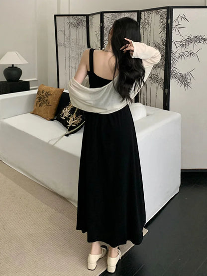 New Summer Women Elegant Black Suspender Dress Lady Concise Beach Prom Goddess Dress Female Classic Backless Ruched Long Dress