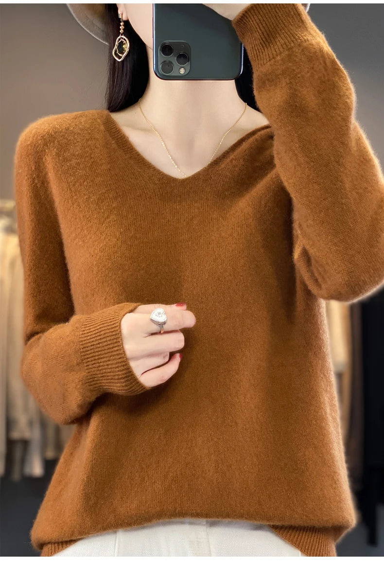 2024 100% Merino Pure Wool V-neck Hoodie Autumn/Winter Hoodie New Cashmere Sweater Women's Casual Knitted Top DMR207