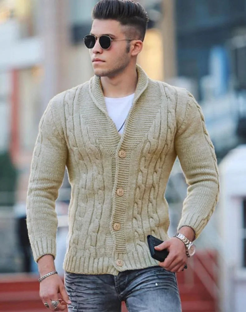 Autumn Winter Men's Warm Knitted Sweater Solid Single-breasted Twisted Texture Cardigan Lapel Slim Buttoned Thick Sweater Male