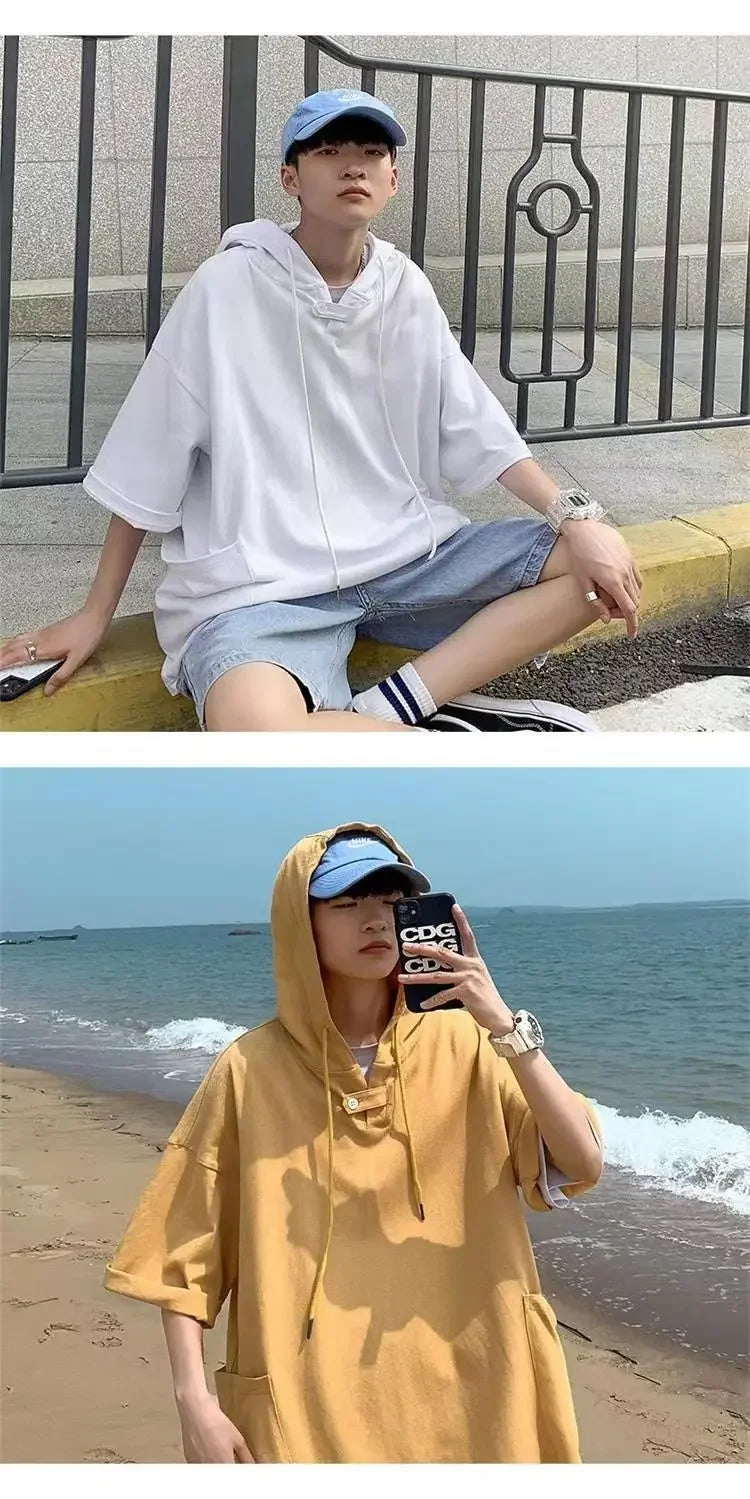 Summer Men's Short-sleeved Sweatshirt with Hat High Street Trend New T-shirt Half-sleeved Hooded Denim T-shirt