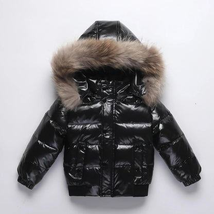Winter Infant Boys Down Jacket Faux Fur Long Sleeve Thicken Warm Baby Boys Parkas Zipper Shinny Waterproof Toddler Boy Outerwear