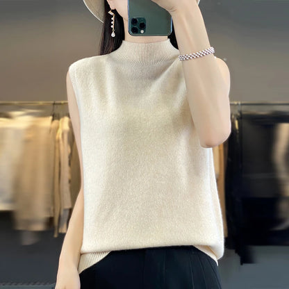 2024 Cashmere Vest Women's 100% Merino Wool Pullover Indoor Sleeveless Sweater Half-turtleneck Office Tops Waistcoat