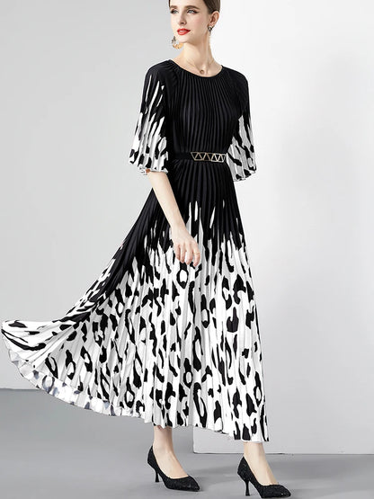 Women's Summer Dress Light Mature Style Retro Style Ruffled 5/4 Sleeves Round Neck Waist Shrinking Print A-line Dress D3971