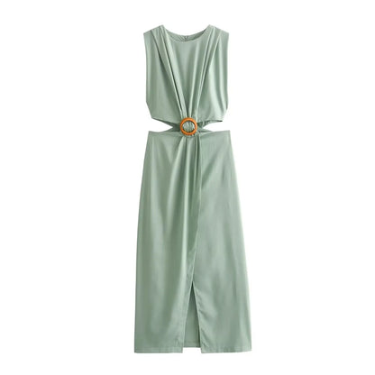 Summer Dress For Women 2024 Solid Waist Hollow Out O-Neck Sleeveless Slit Long Dresses Wild Casual Beach Woman Even Dress