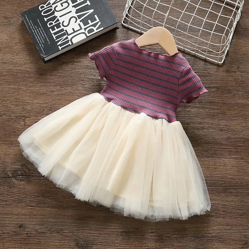 Girls' Summer Dress 1-6Y Children's Striped Short Sleeved Patchwork Mesh Dress Korean Girls Clothing Kid's Outfit
