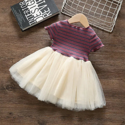 Girls' Summer Dress 1-6Y Children's Striped Short Sleeved Patchwork Mesh Dress Korean Girls Clothing Kid's Outfit