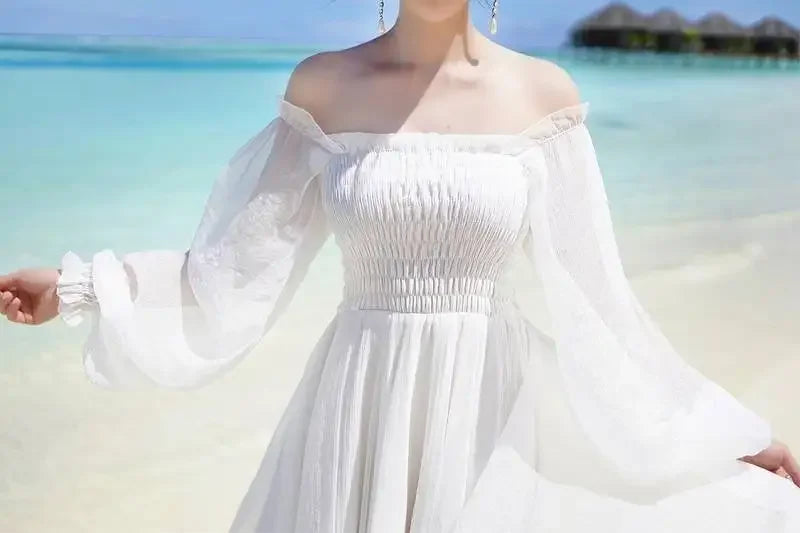 Dresses for Women Summer New Chiffon off-Shoulder Dress White Dress Vestido De Mujer