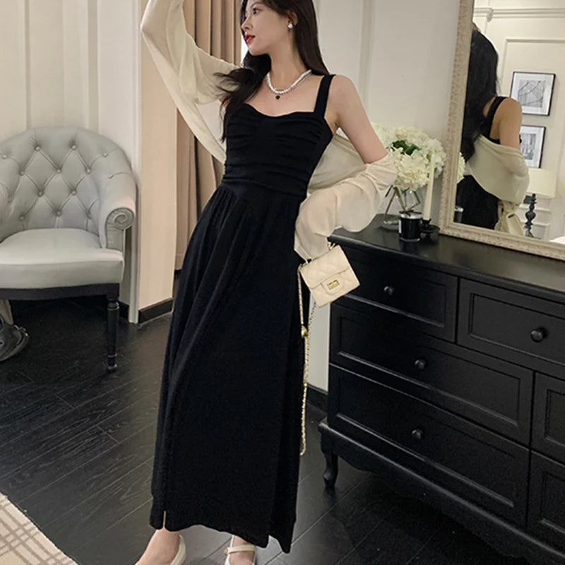 New Summer Women Elegant Black Suspender Dress Lady Concise Beach Prom Goddess Dress Female Classic Backless Ruched Long Dress