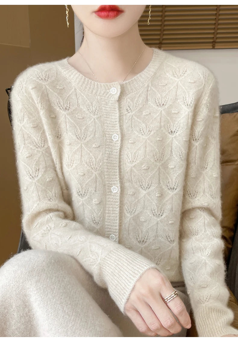 2024 Autumn And Winter New Round Neck Hollowed Out 100 Wool Knitted Cardigan Women's Versatile Coat Loose Casual Sweater DMR281