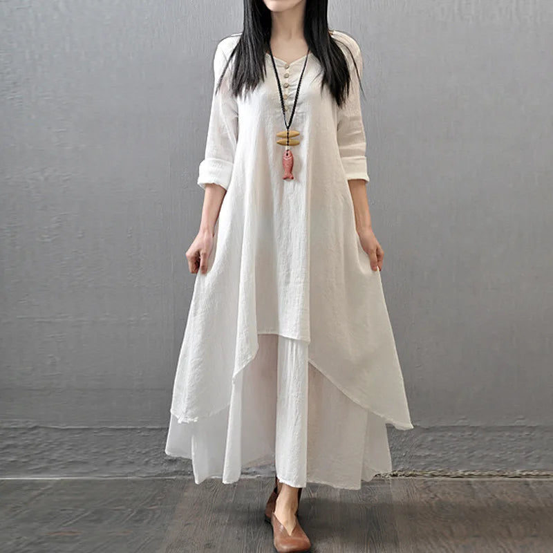 Summer Women  Boho Vintage Kaftan Loose Gypsy Maxi Dress Fake Two-piece Literary Irregular Large Swing Dress Robe