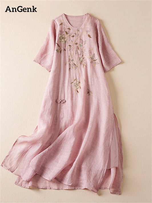 Summer Print Vintage Dresses For Women 2025 New Casual Long Thin Breathable Dress Femme Robe Office Lady Work Elegant Clothing