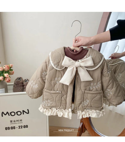 Winter Girls Coat Kids Baby Parkas Cotton Padded Plus Velvet Thickened Warm Children's Coat Solid Girls Embroidery Jacket
