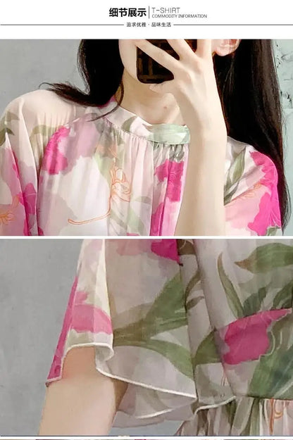 Summer Holiday Floral Dress Women Beach Flower Print Flare Sleeve Back Bow Lace Up High Waist Draped Chiffon Party Long Vestidos