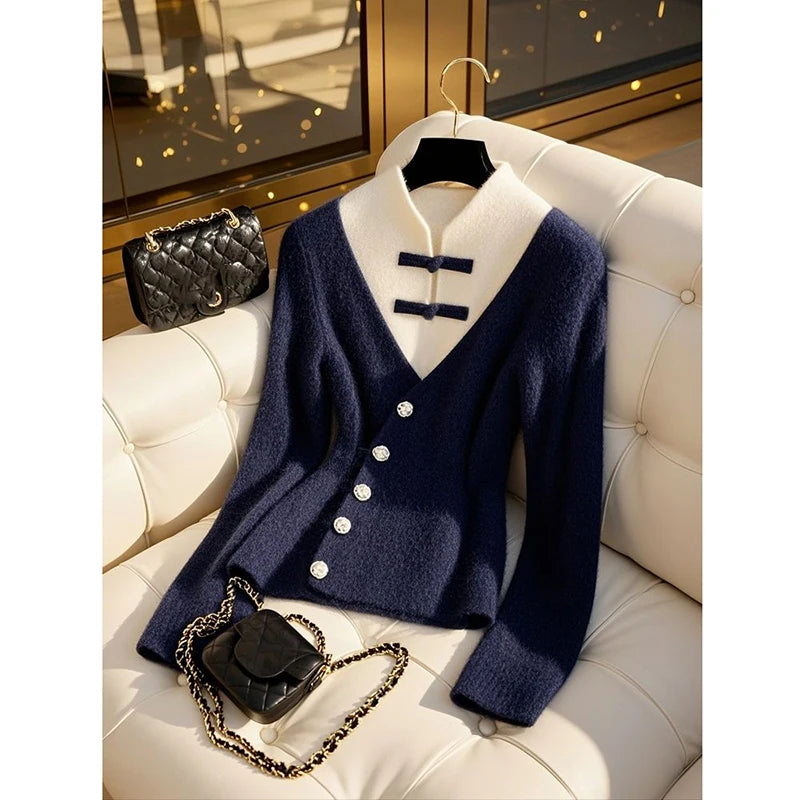 Autumn Winter 2025 Beautiful Temperament Chinese-Style Women Knitting Sweater Fake Two-piece Elegant Cardigan Ladies Sweater