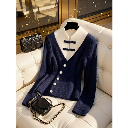Autumn Winter 2025 Beautiful Temperament Chinese-Style Women Knitting Sweater Fake Two-piece Elegant Cardigan Ladies Sweater