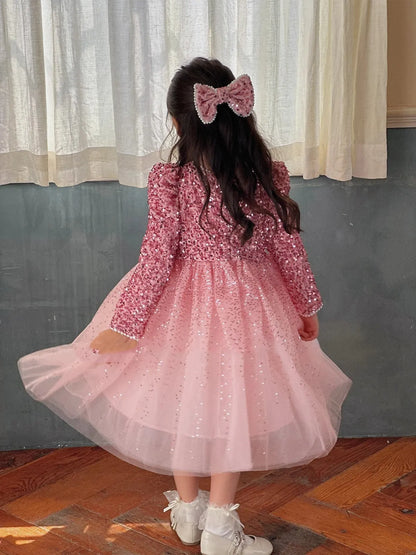 Winter Baby Girls Sequin Work Fleece Lined 4-Layer Mesh Zip Back Dresses with Head Veil Kids Outfit Children Sweet Skirt 2-8 Yr