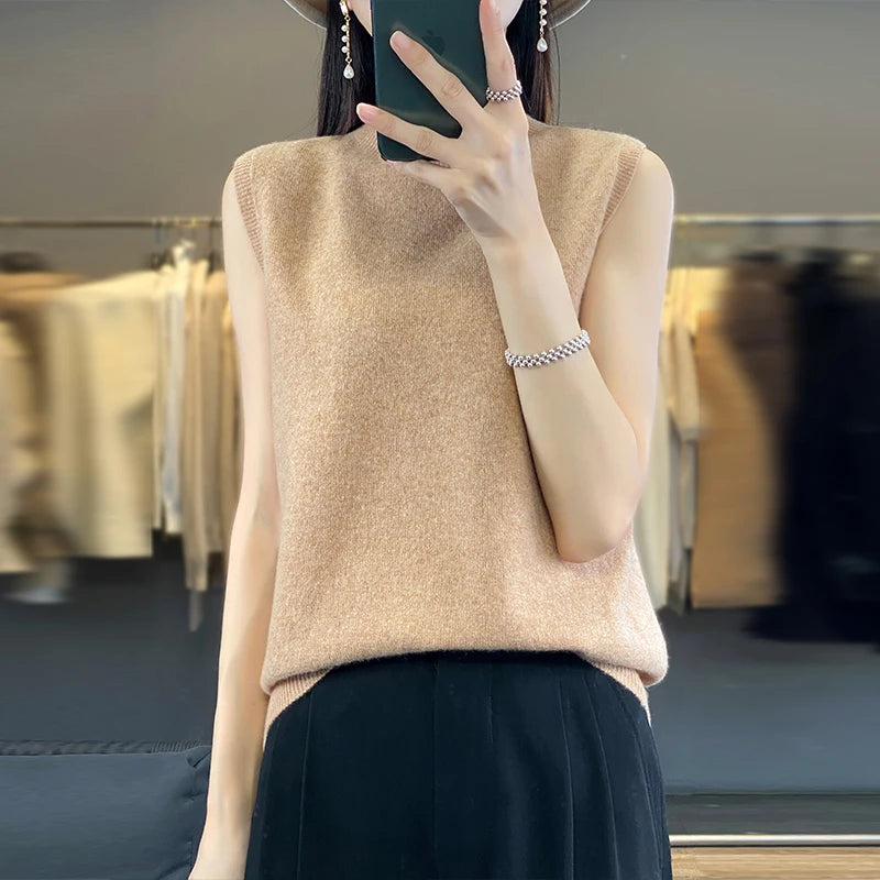 2024 Cashmere Vest Women's 100% Merino Wool Pullover Indoor Sleeveless Sweater Half-turtleneck Office Tops Waistcoat