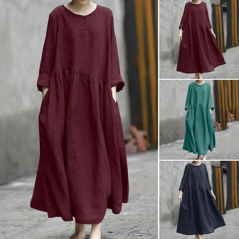 Summer Dress for Women 2023 Fashion Solid Cotton Crewneck Loose Casual Long Sleeve Women Dresses Robe Streetwear Women Clothing