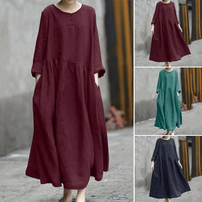 Summer Dress for Women 2023 Fashion Solid Cotton Crewneck Loose Casual Long Sleeve Women Dresses Robe Streetwear Women Clothing