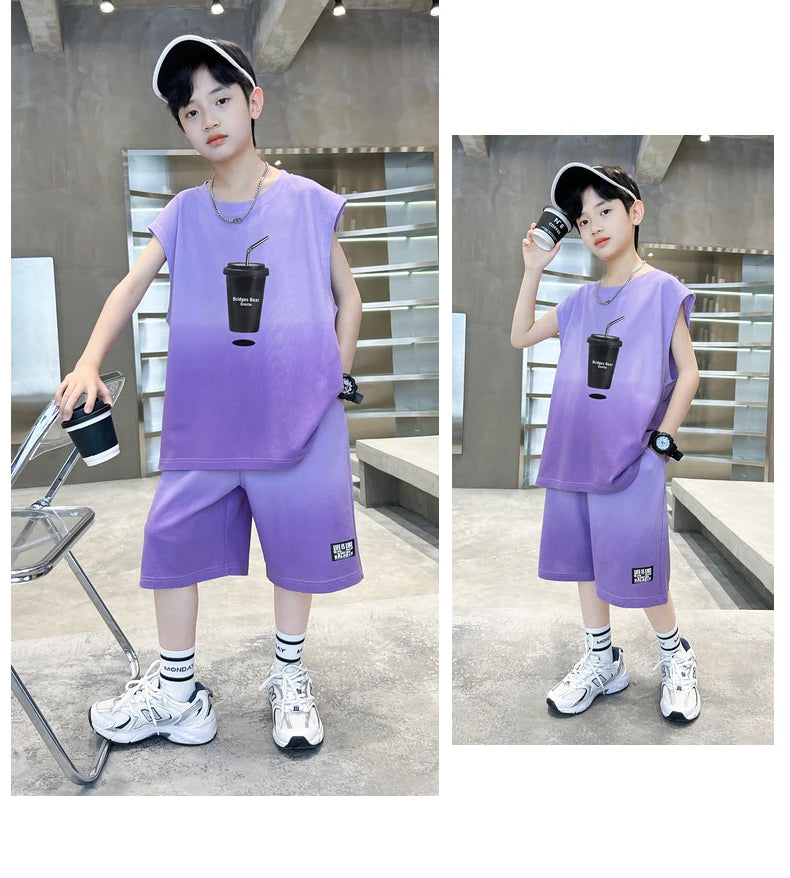 Fashion Boys Summer Top and Bottom set Clothing for Kids Child Casual Sleeveless Tshirt And Shorts Two Pieces Tracksuit Outfit