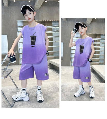 Fashion Boys Summer Top and Bottom set Clothing for Kids Child Casual Sleeveless Tshirt And Shorts Two Pieces Tracksuit Outfit
