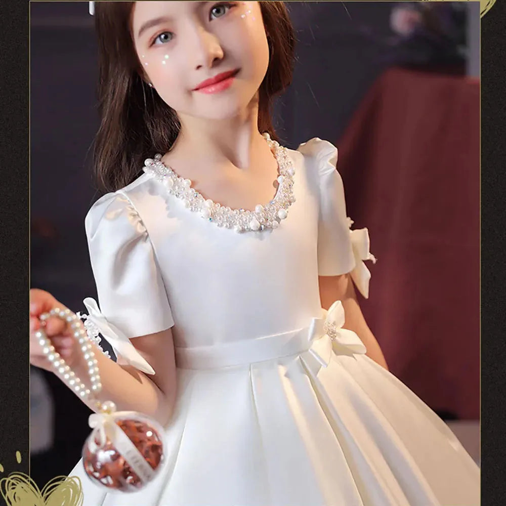 Little Girls White CeremonY Communion Dress Kids Birthday Party Ball Gown Girls School Piano Performance Dresses Fromal Beaded